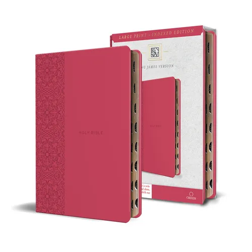 KJV Holy Bible, Large Print Medium Format, Fuchsia Faux Leather W/Ribbon Marker, Red Letter, Thumb Index