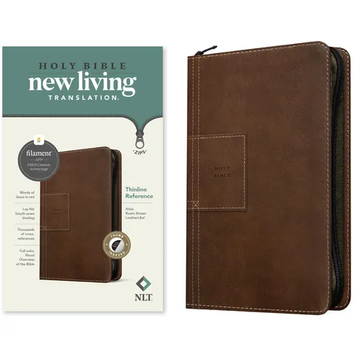 NLT Thinline Reference Zipper Bible, Filament Enabled (Leatherlike, Atlas Rustic Brown, Indexed, Red Letter)